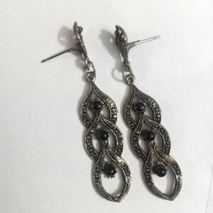 VTG Onyx, Marcasite, & Moonstone Victorian 3 Tier Silver Earrings. Size: 2" L